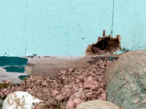 A close up of a whole on the side of a house with insulation all over the floor from rodents nest
